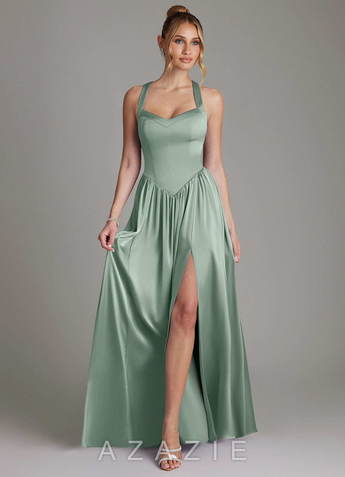 Azazie Francis Agave A-Line Corset Stretch Satin Dress agave