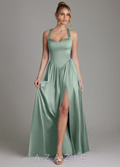 Azazie Francis Agave A-Line Corset Stretch Satin Dress agave