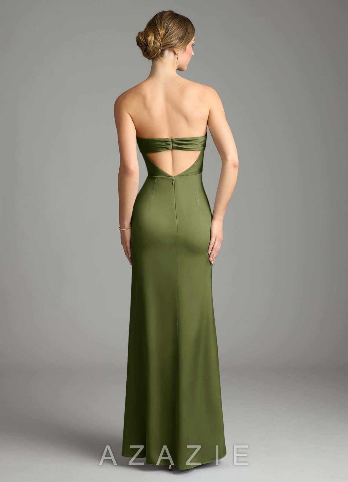 Azazie Leonis Olive Mermaid Pleated Stretch Satin Convertible Dress olive