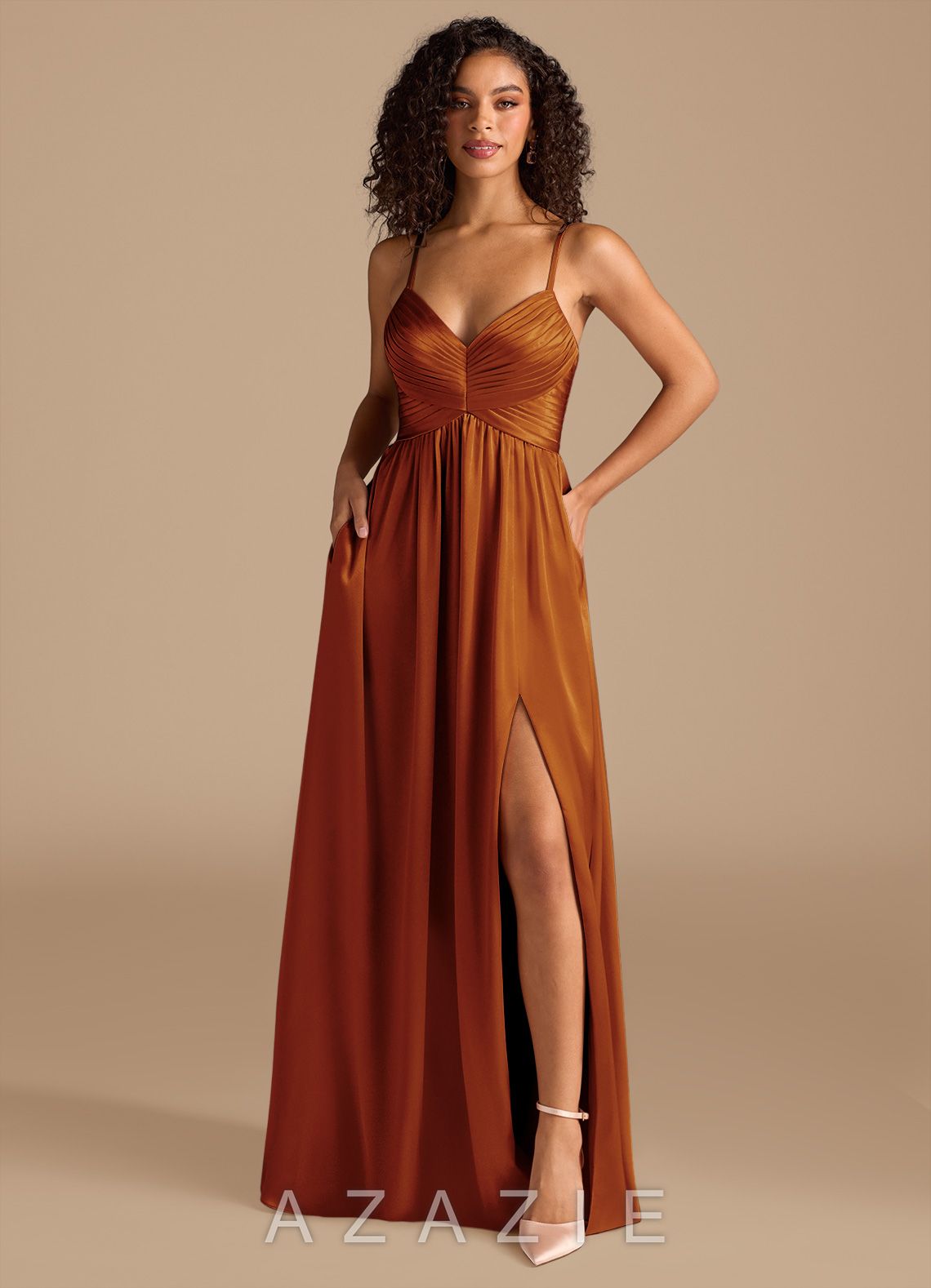 Azazie Alia Auburn A-Line Pleated Metallic Satin Dress