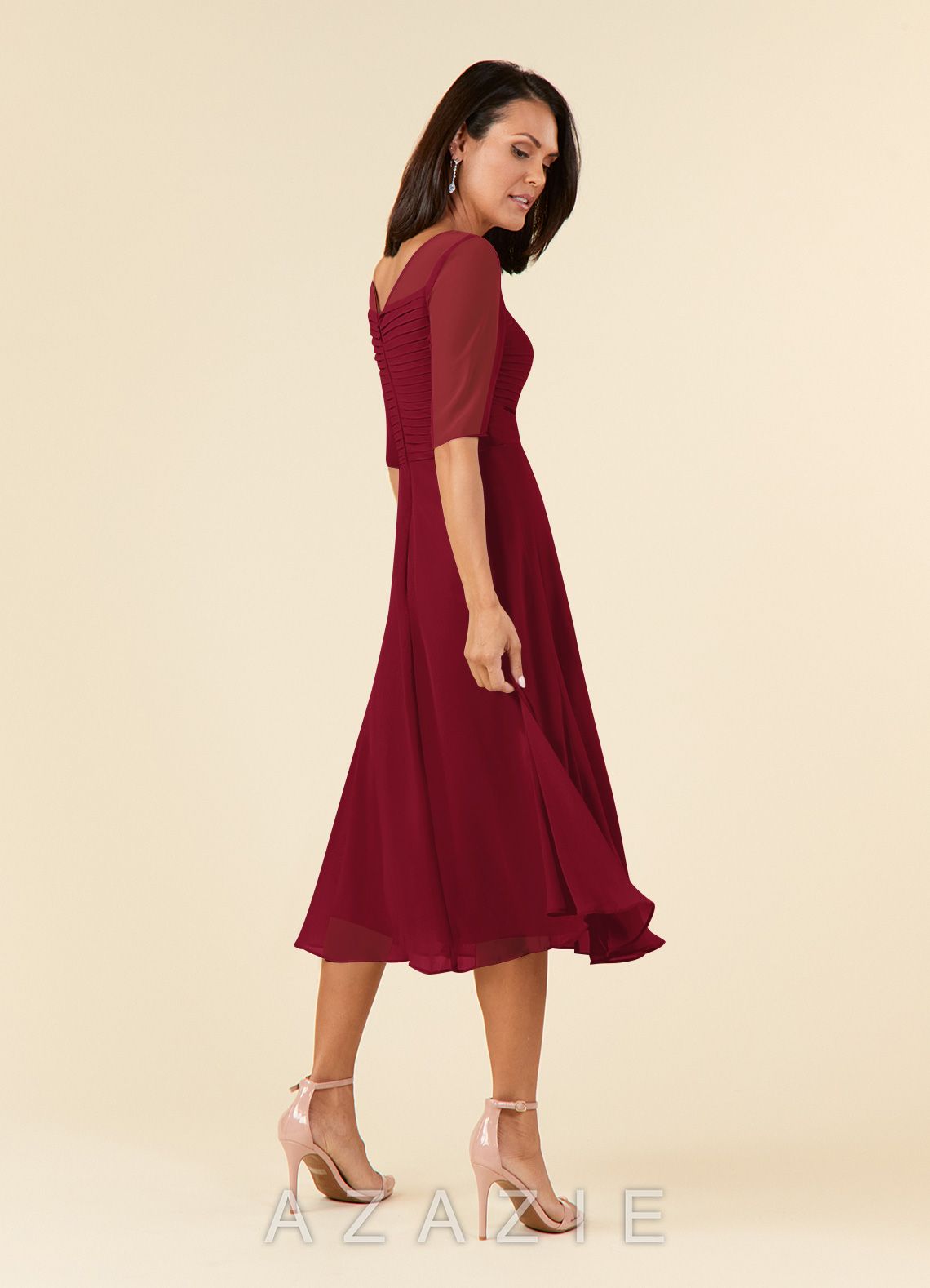 Azazie Naomi Burgundy A-Line Boatneck Pleated Chiffon Dress burgundy