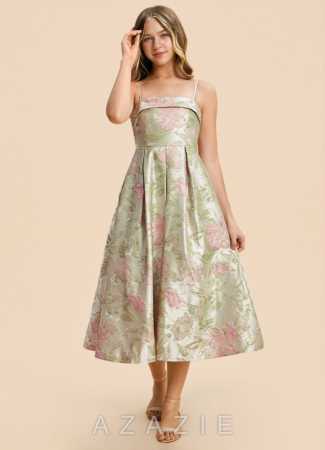 Azazie Penny Junior Formal Dress  sp_blush_floral_green_#bg134308
