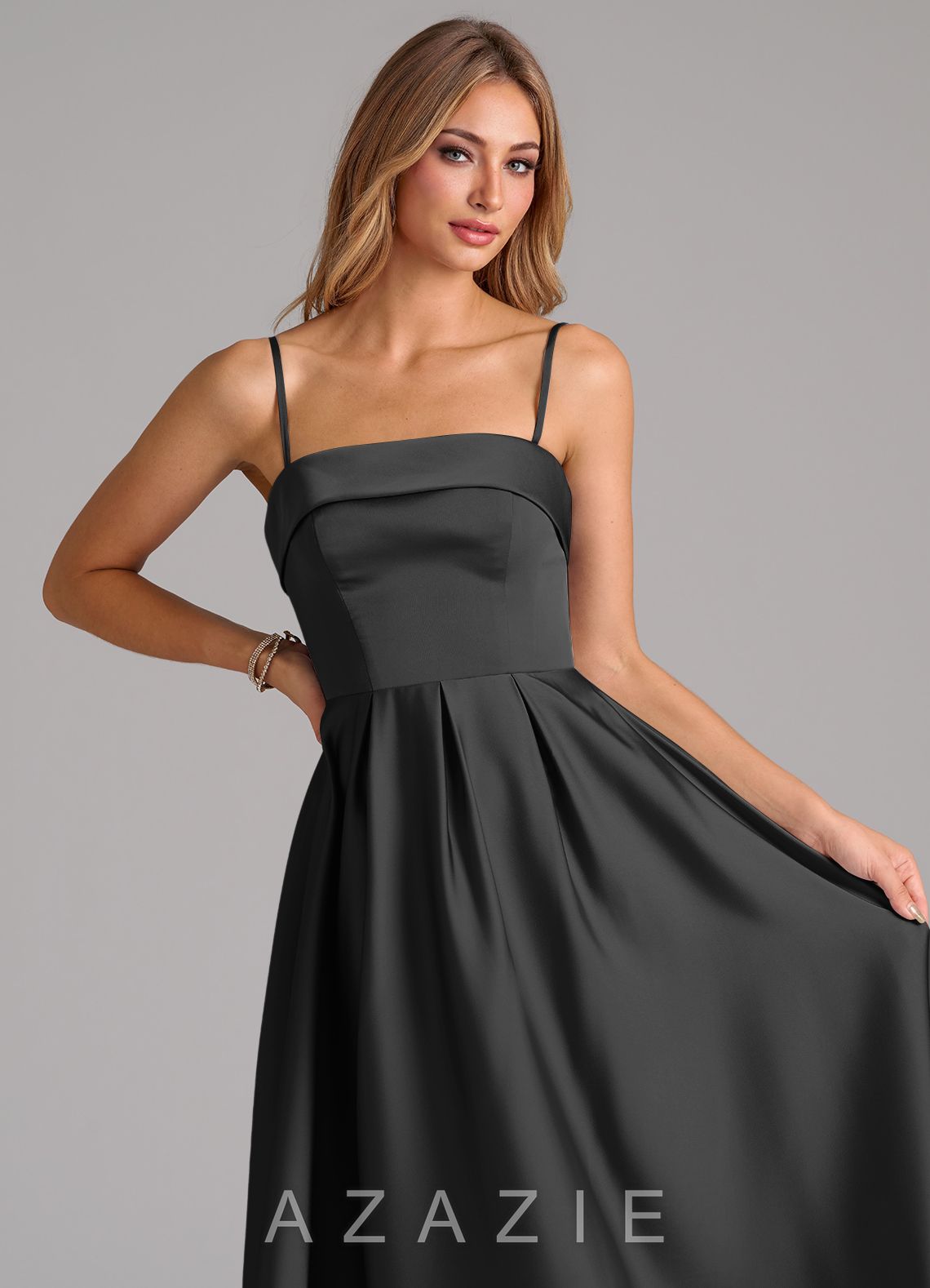 Azazie Lucienne Black A-Line Strapless Stretch Satin Convertible Dress black