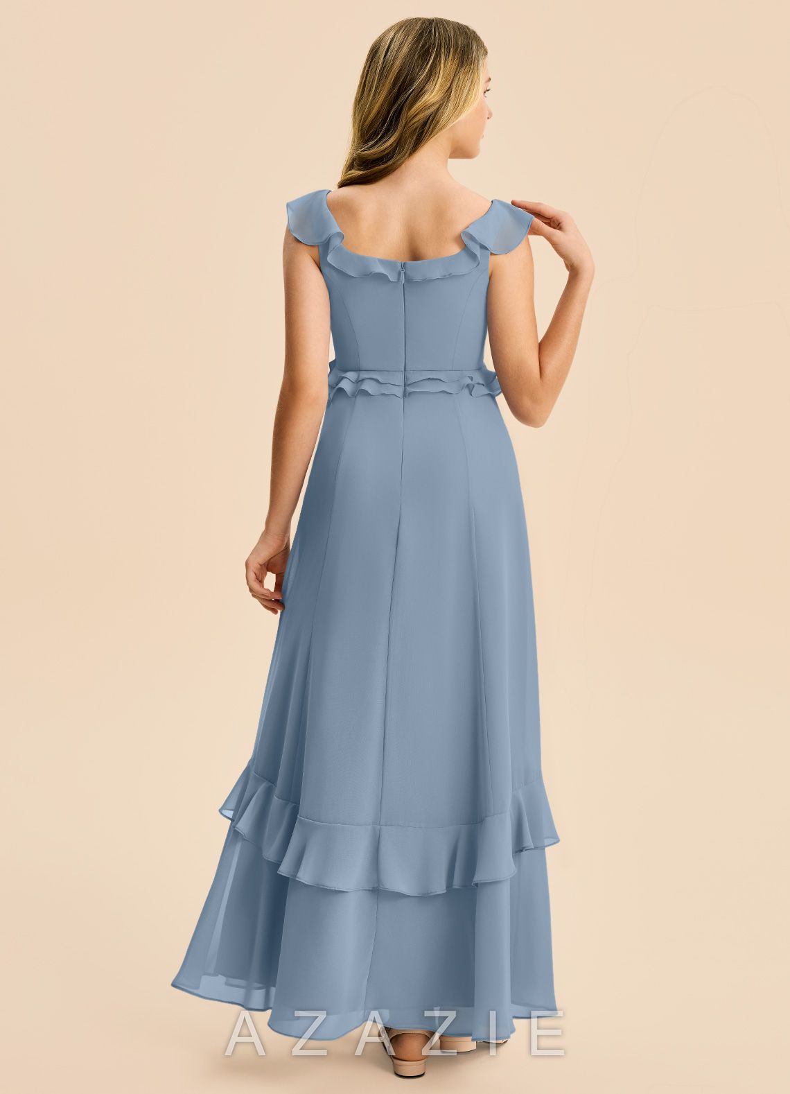 Azazie Mimi Junior Dusty Blue A-Line Ruched Chiffon Dress