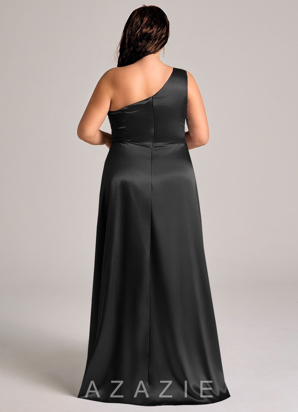 Azazie Brooke Black A-Line One Shoulder Metallic Satin Dress black