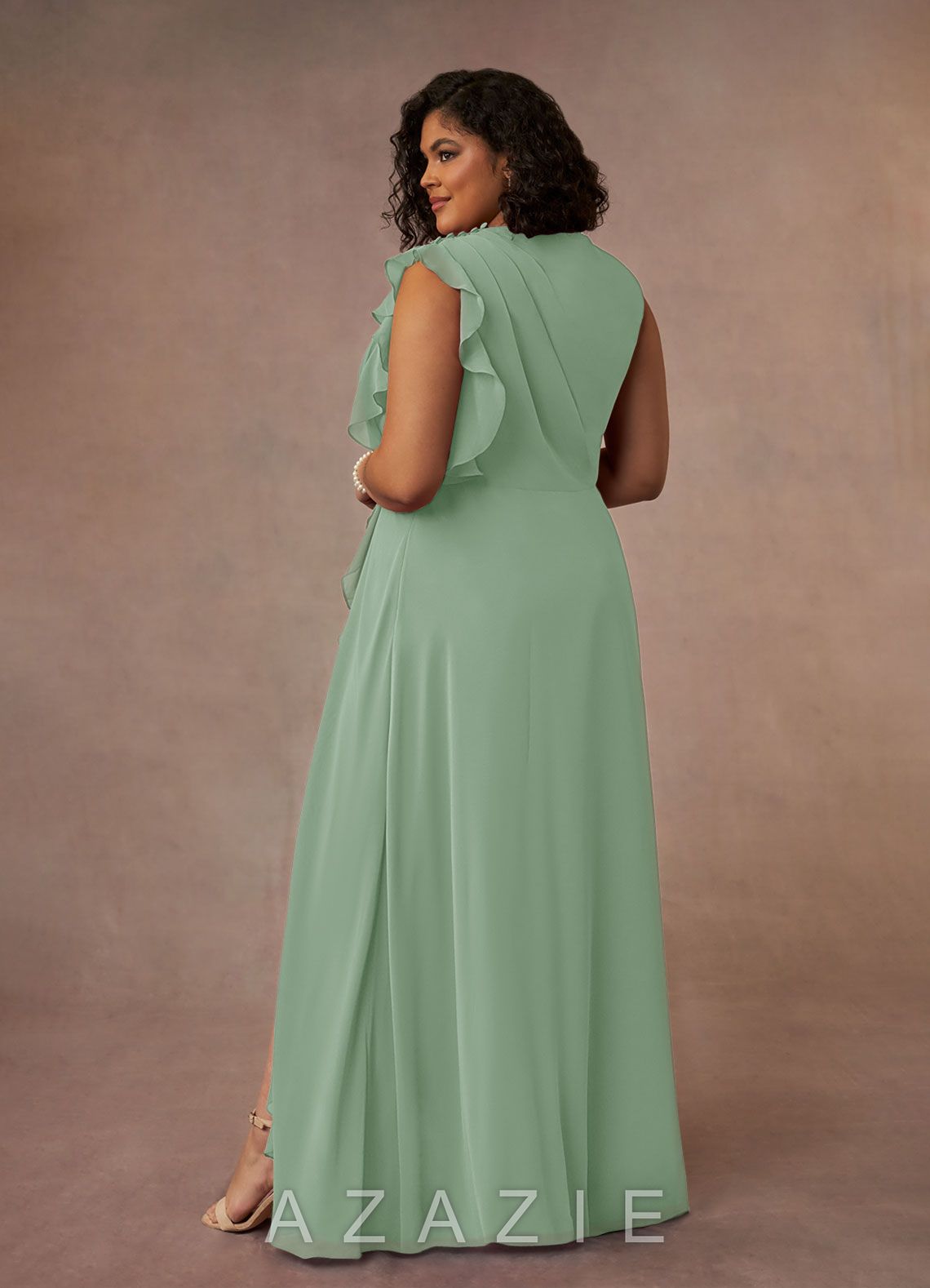 Azazie Narine Agave A-Line High Neckline Pleated Chiffon Dress agave