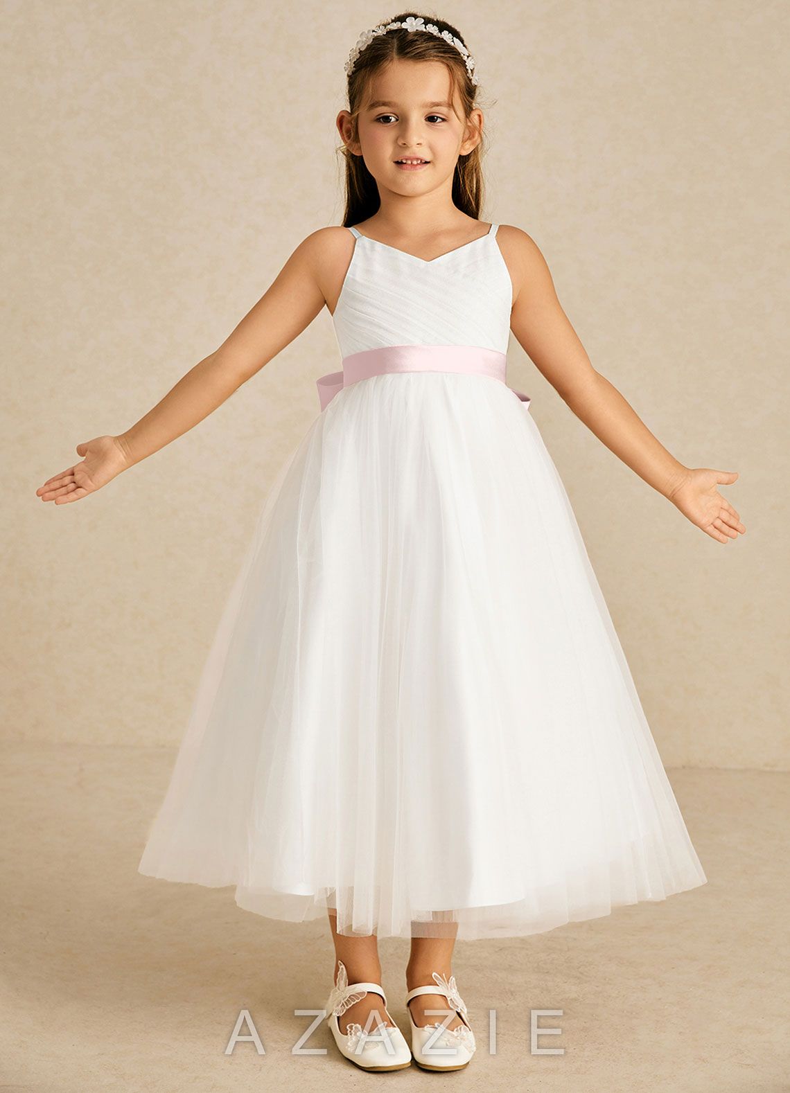Azazie Lea Blushing Pink A-Line Spaghetti Strap Tulle Dress