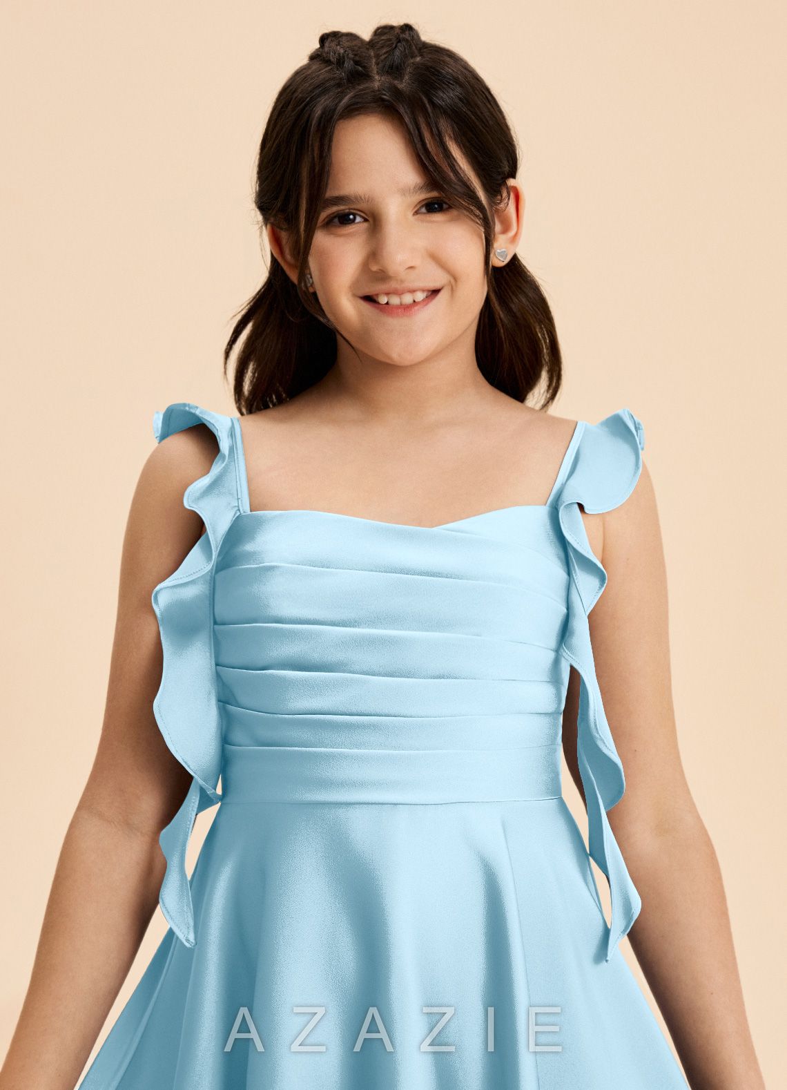 Azazie Kira Junior Sky Blue A-Line Ruched Stretch Satin Dress sky_blue