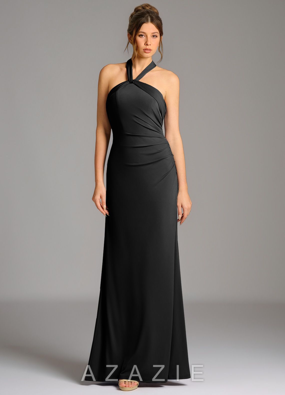 Azazie Valentina Black Mermaid Pleated Premium Stretch Jersey Dress black