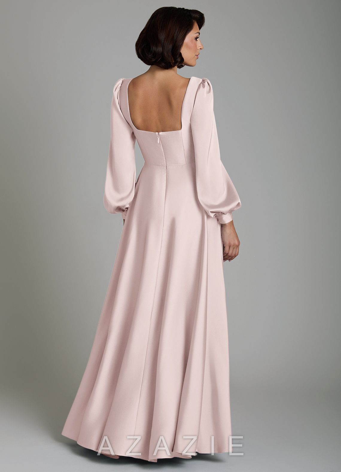 Azazie Solana Blushing Pink A-Line Long Sleeve Stretch Satin Dress blushing_pink