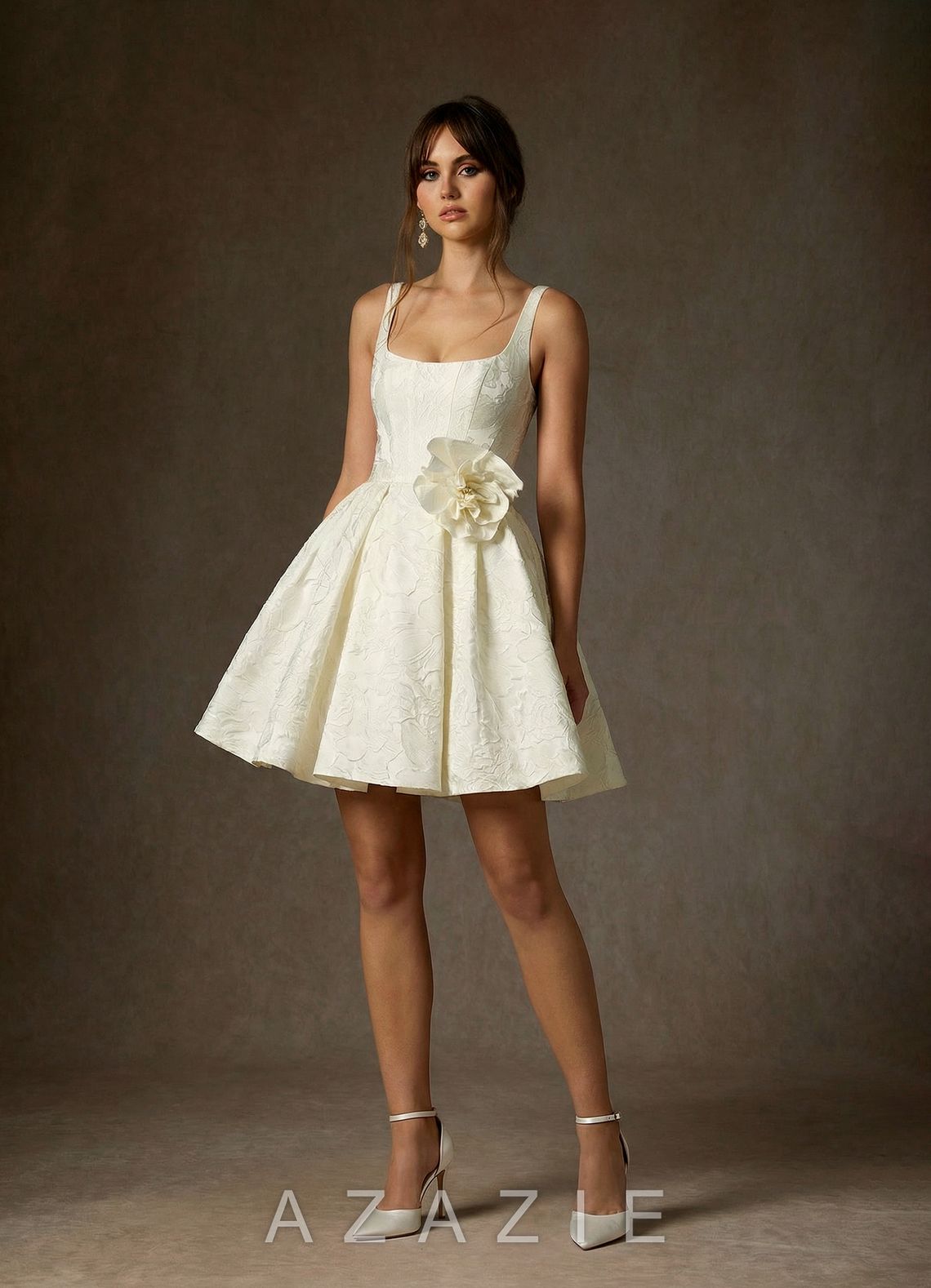 Azazie Ruby Antique White A-Line with Pockets Floral Jacquard Dress