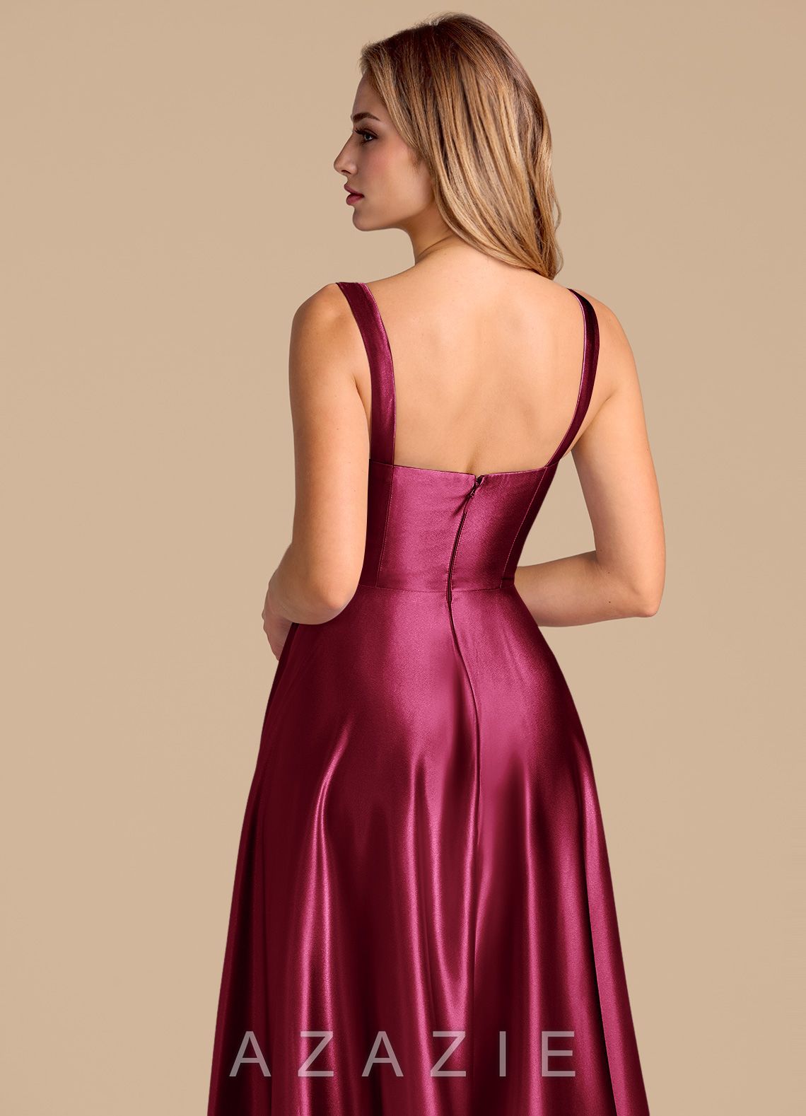 Azazie Shaude Burgundy A-Line Pleated Metallic Satin Dress burgundy
