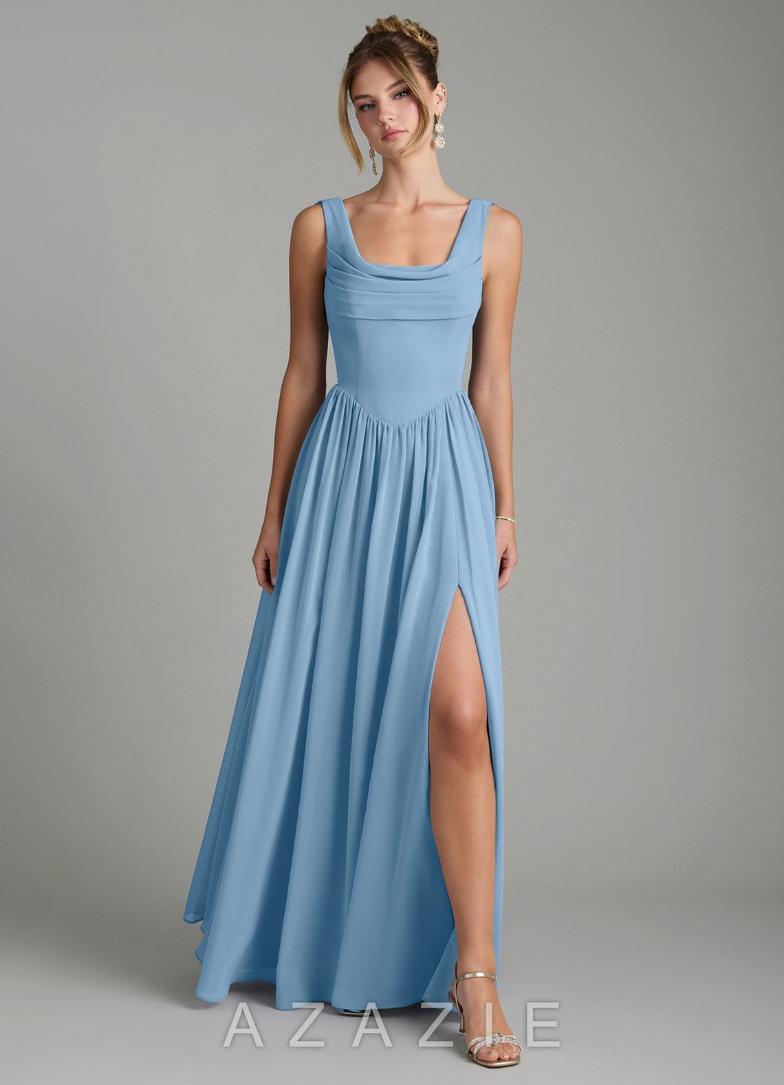 Azazie Novi Steel Blue A-Line Pleated Chiffon Dress