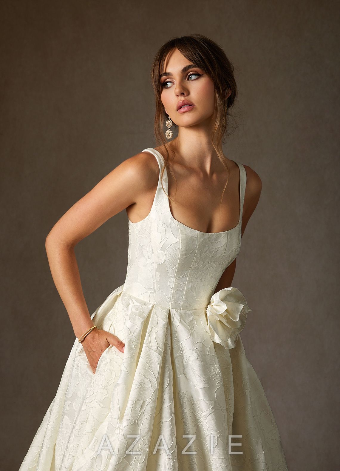 Azazie Ruby Antique White Ball-Gown with Pockets Floral Jacquard Dress antique_white