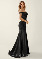 Gueritemar Black Lace Sequin Embroidery Stretch Satin Prom Dress