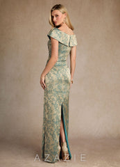 Azazie Kenosha Platinum Teal Sheath Off the Shoulder Floral Jacquard Dress platinum_teal