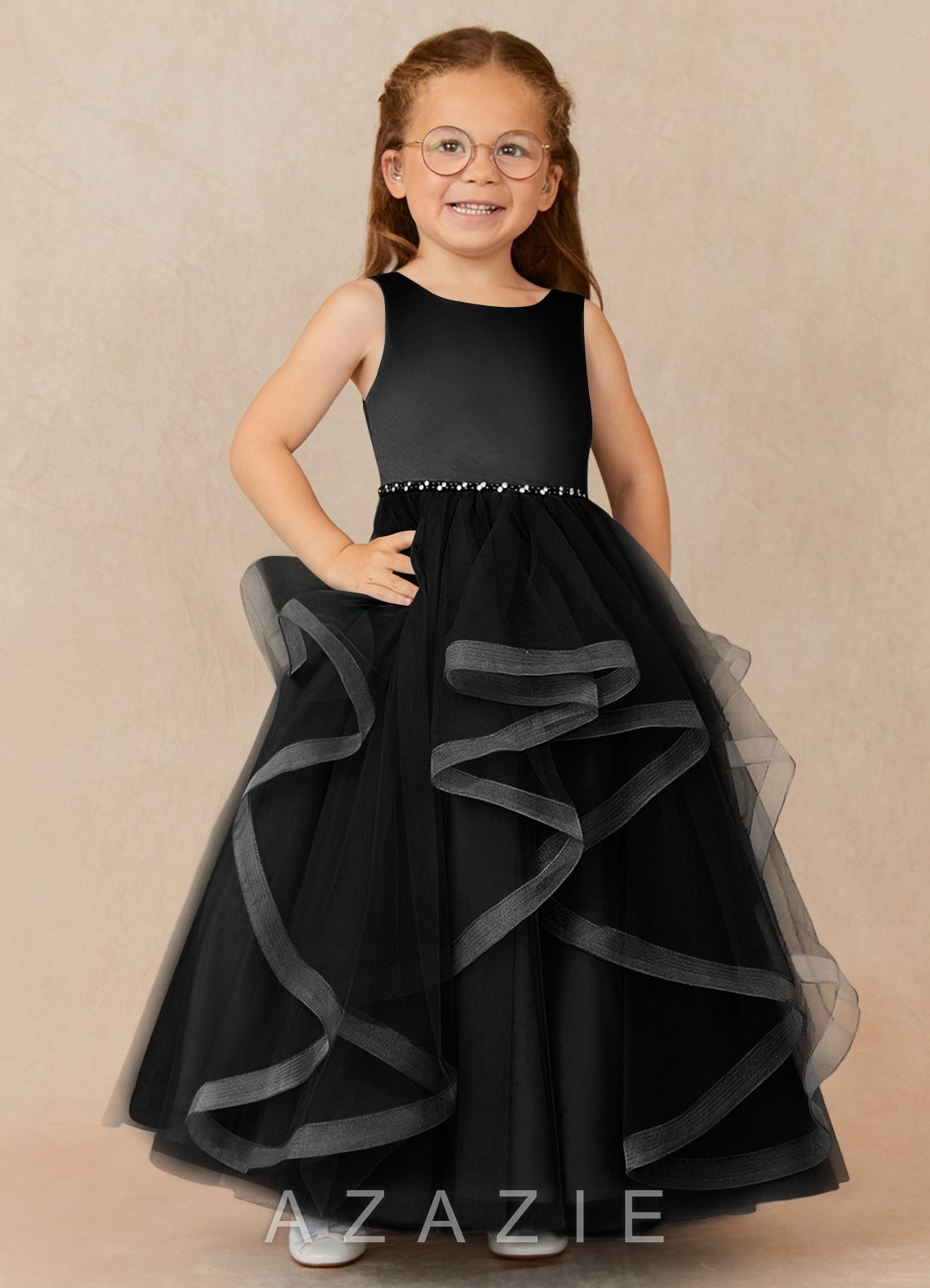 Azazie Sofia Black A-Line Beaded Tulle Dress