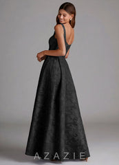 Azazie Amalie Black A-Line Pleated Floral Burnout Dress black