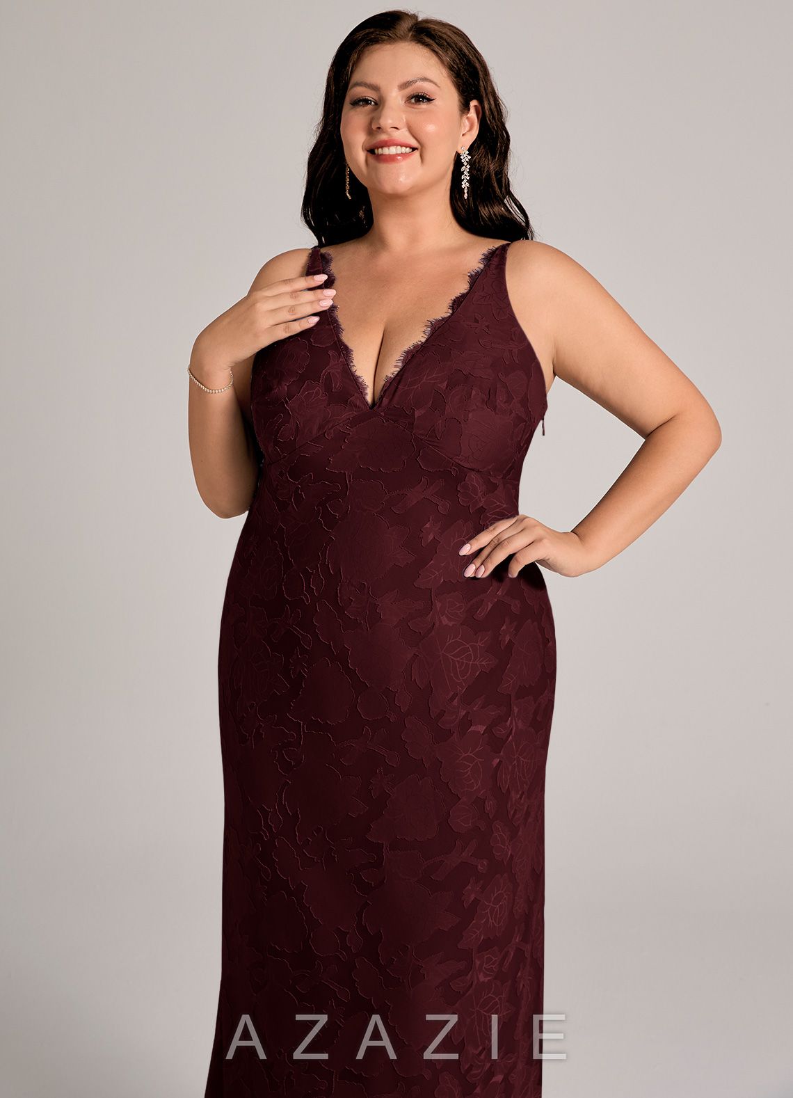 Azazie Tianna Cabernet Sheath Lace Floral Burnout Dress cabernet