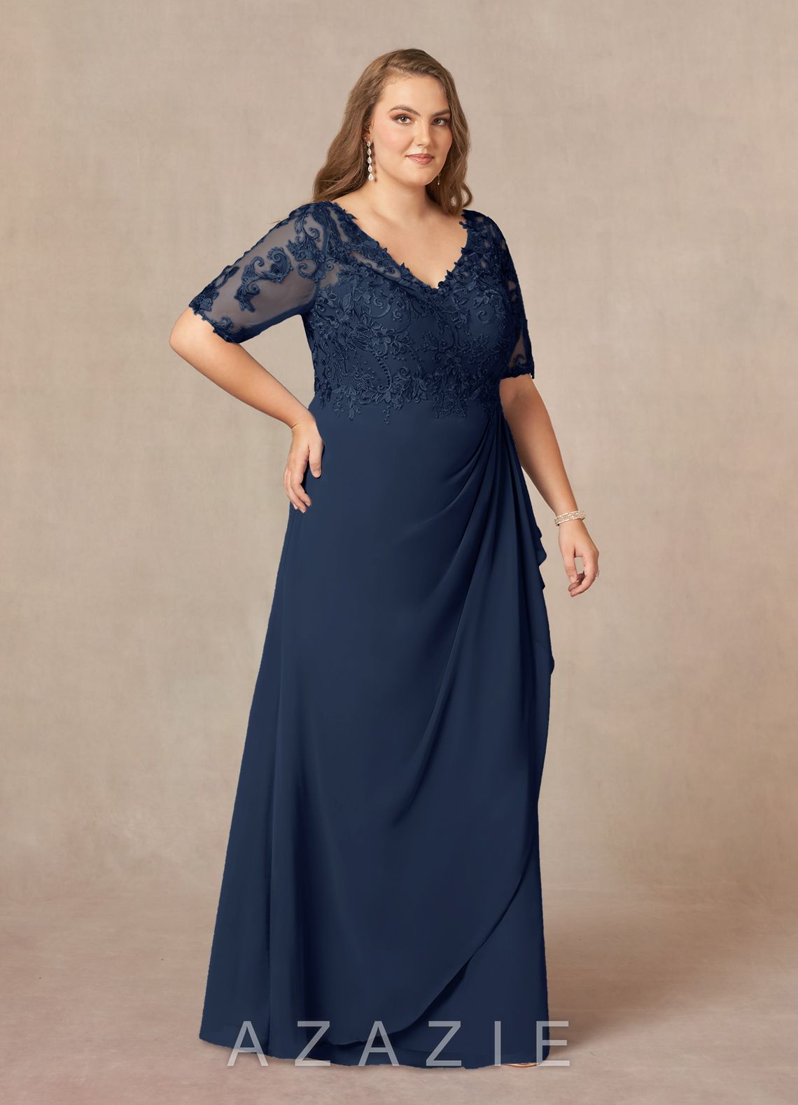 Azazie Amedeus Dark Navy A-Line V-Neck Lace Chiffon Dress dark_navy
