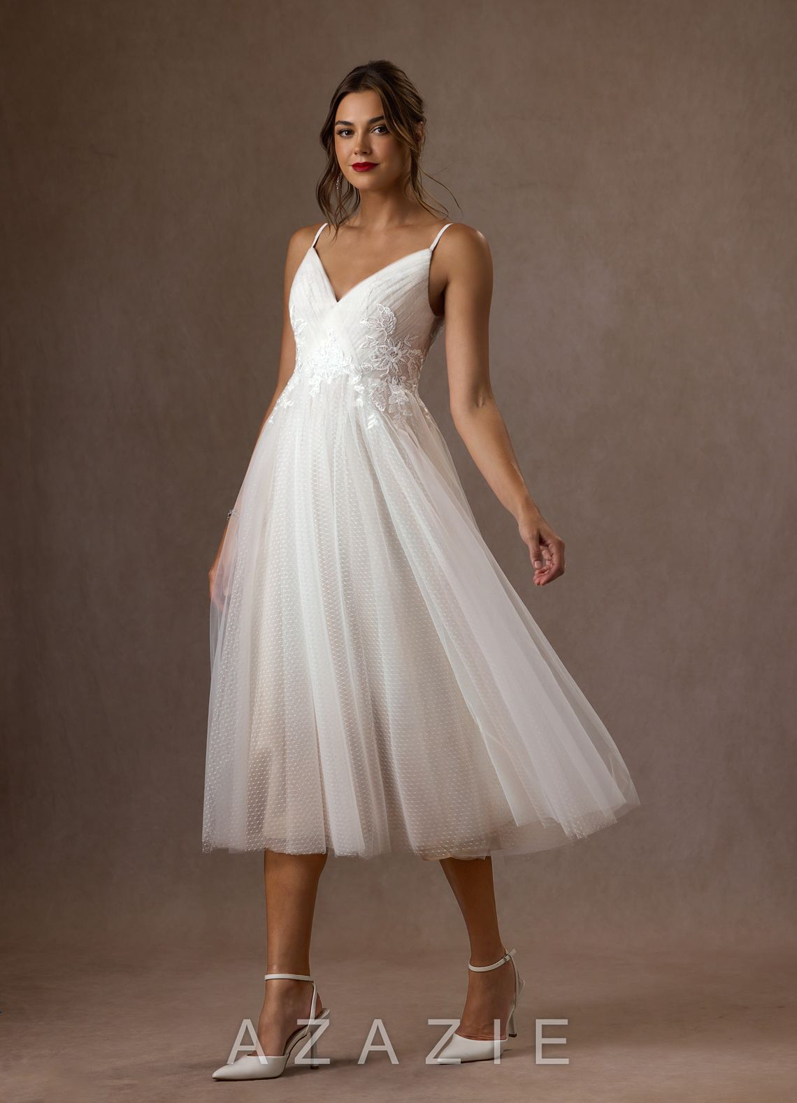 Azazie Liana Wedding Dress Diamond White A-Line V-Neck Sequins Tulle Dress diamond_white