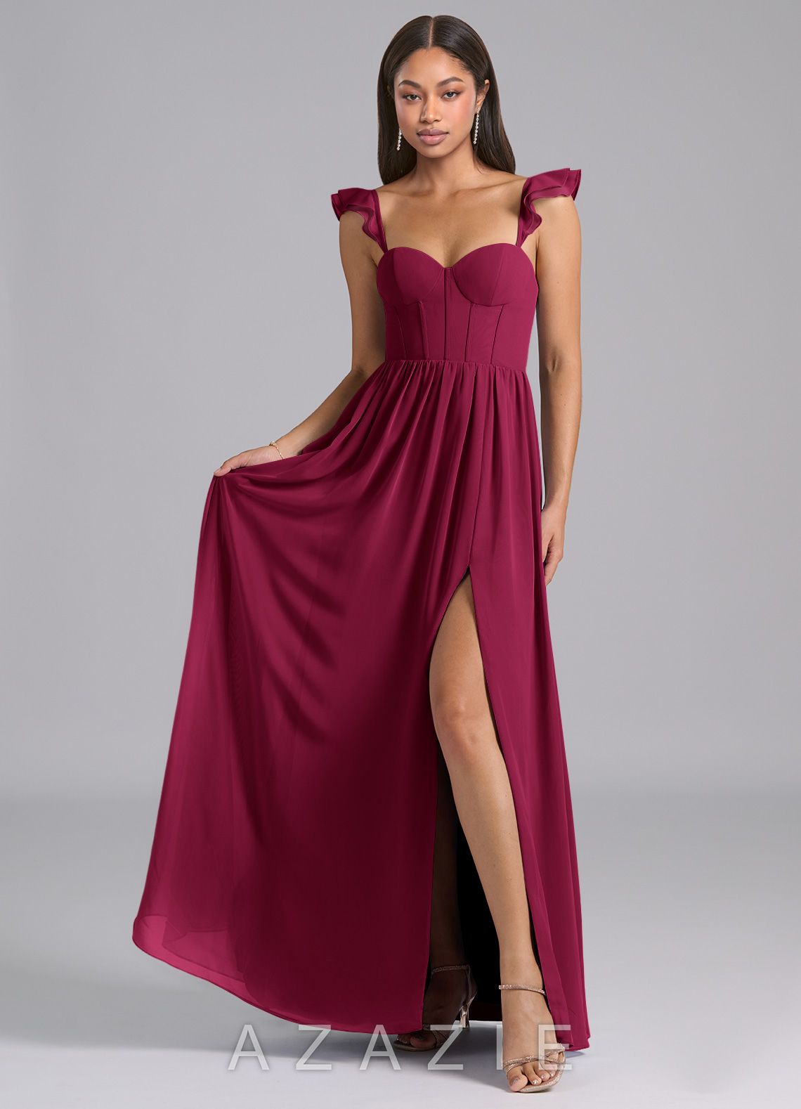 Azazie Denisse Burgundy A-Line Ruched Chiffon Dress burgundy