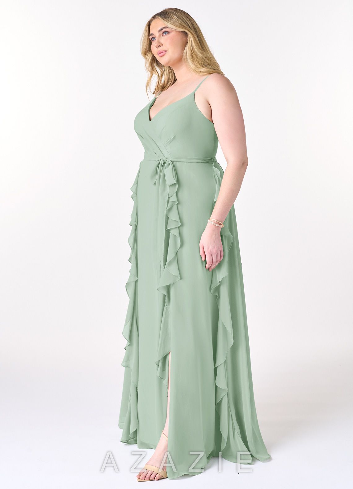 Azazie Peyton Agave A-Line Ruched Chiffon Dress agave
