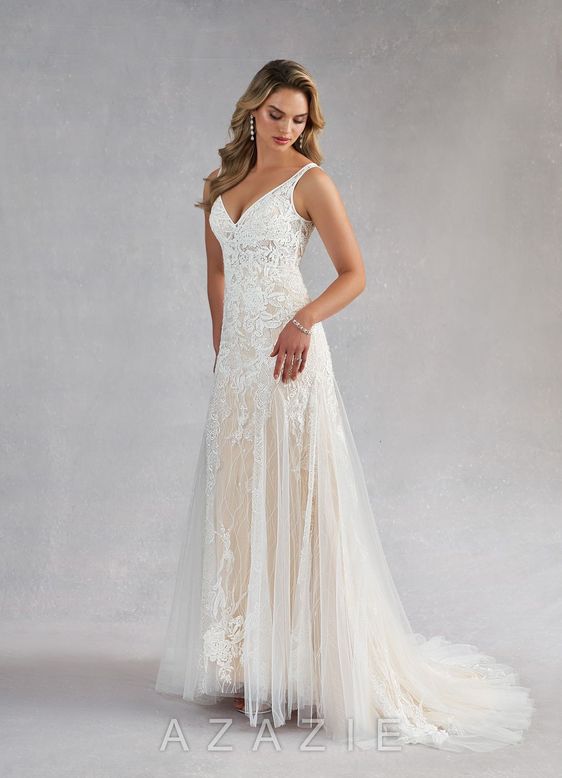 Azazie Konstantin Wedding Dress Diamond White Champagne Mermaid Sequins Tulle Dress diamond_white/champagne