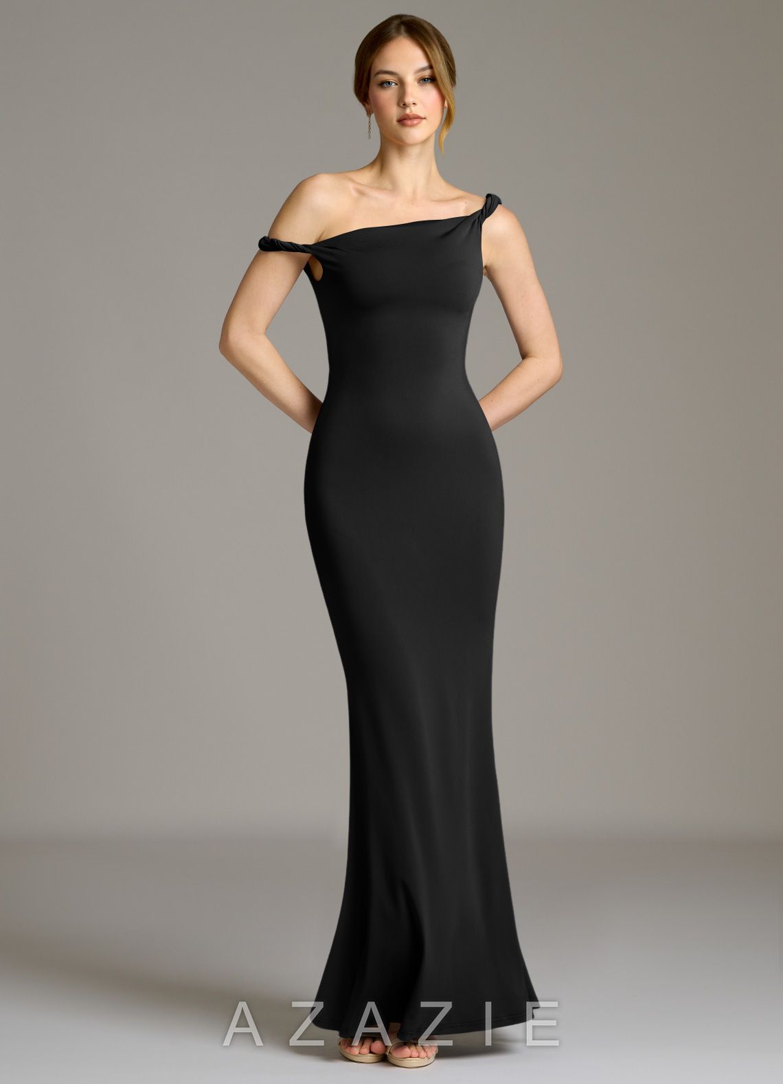 Azazie Shantal Black Mermaid Off the Shoulder Premium Stretch Jersey Dress black