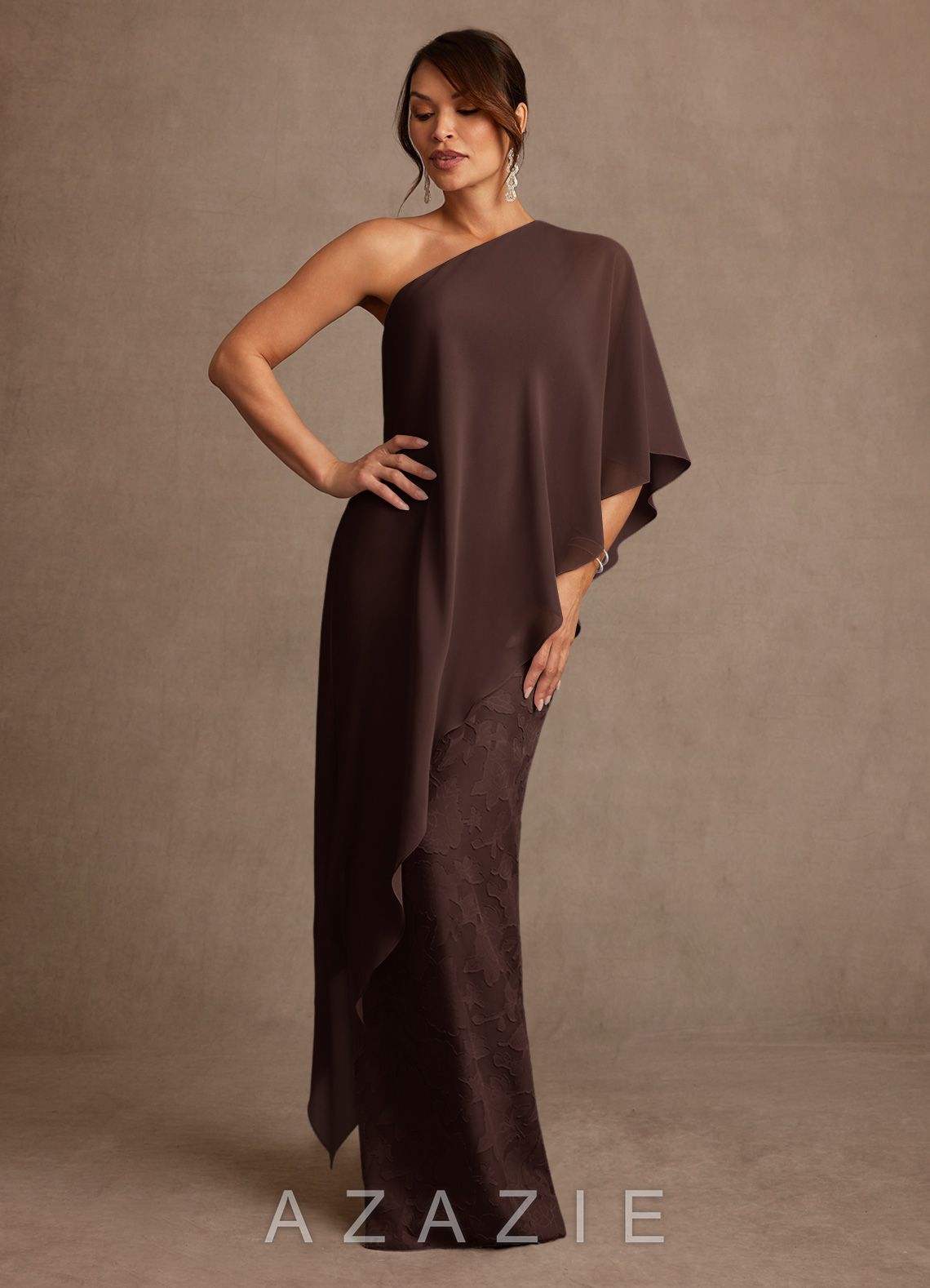 Azazie Wilma Ganache Sheath One Shoulder Floral Burnout Dress ganache
