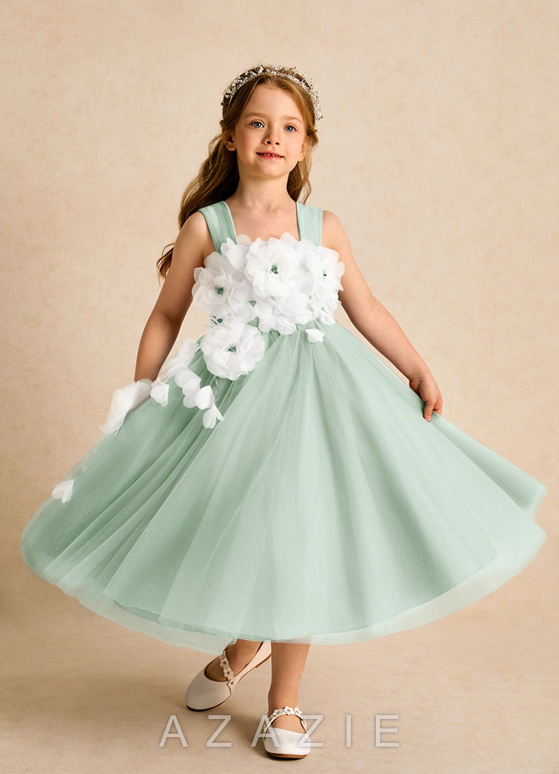 Azazie Dovey Agave Ball-Gown Bow Tulle Dress agave