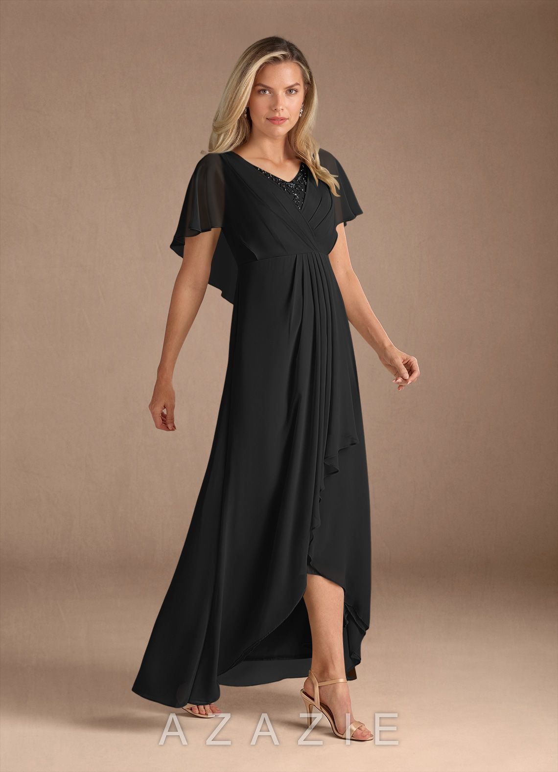 Azazie Eliza Black A-Line V-Neck Pleated Chiffon Dress black