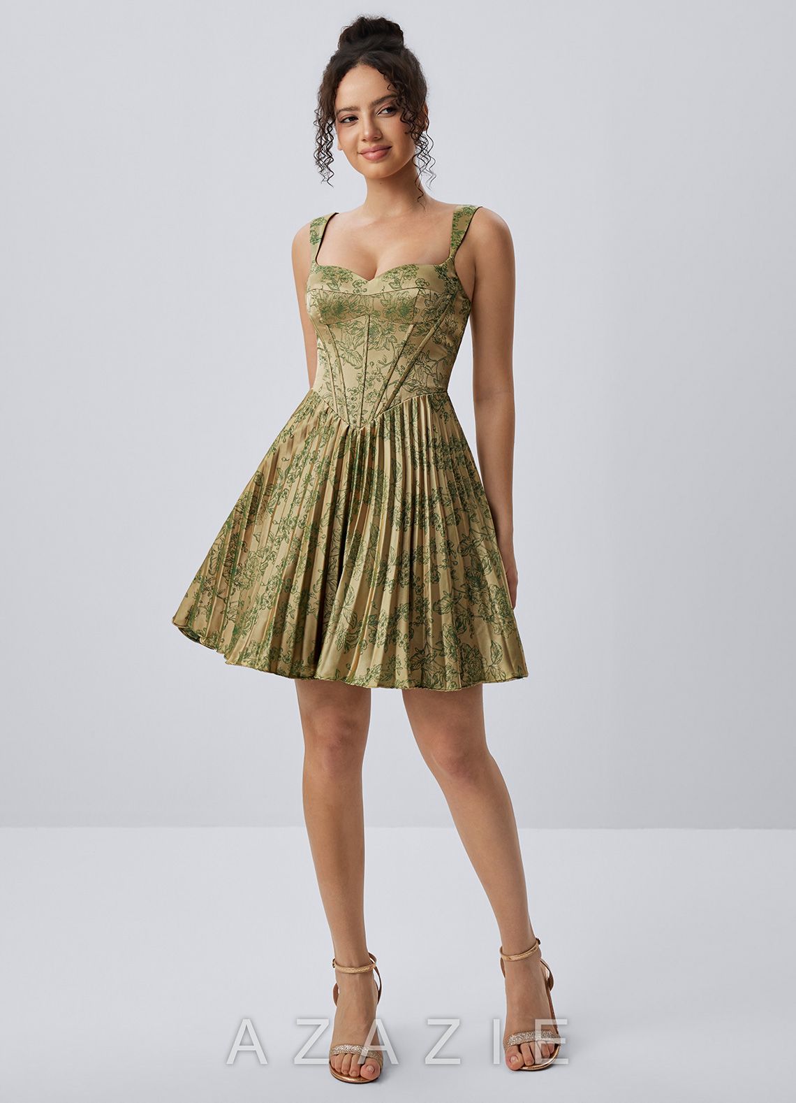 Jade Green Brown Spaghetti Strap Floral Pleated Lace-Up Mini Dress
