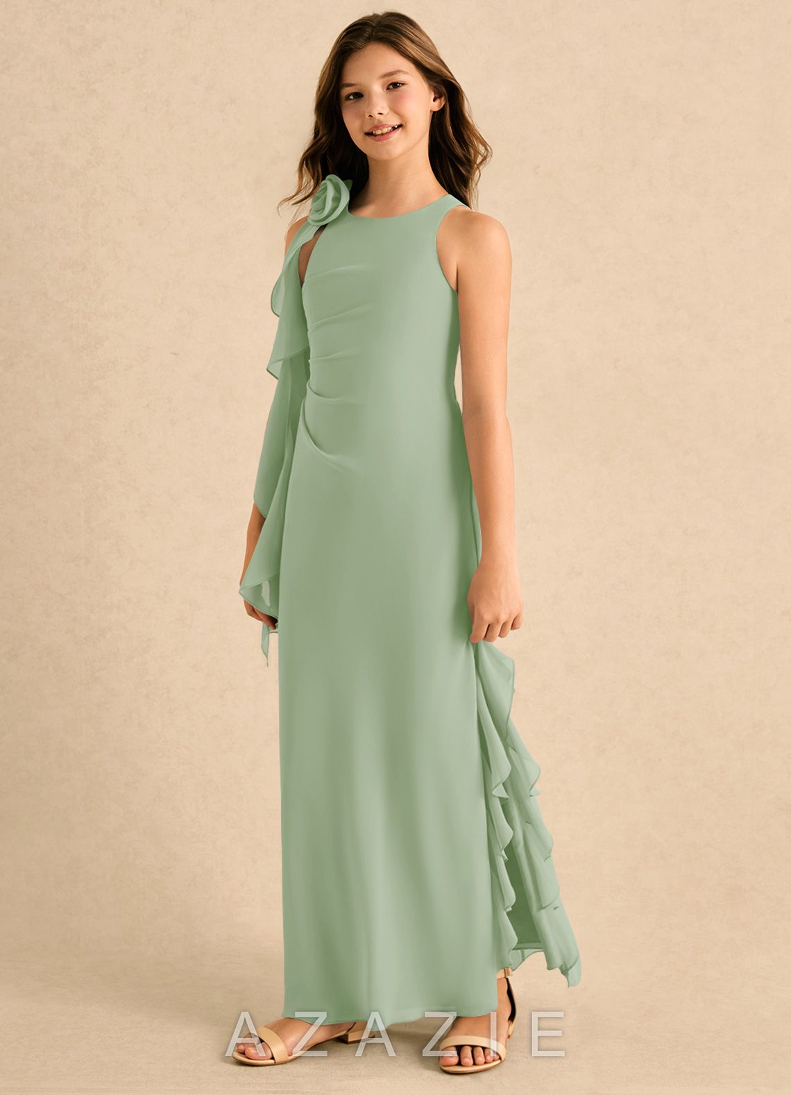 Azazie Manny Girls Formal Dusty Sage A-Line Pleated Chiffon Dress dusty_sage