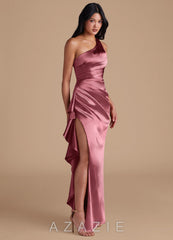 Azazie Latrice Desert Rose Sheath One Shoulder Metallic Satin Dress