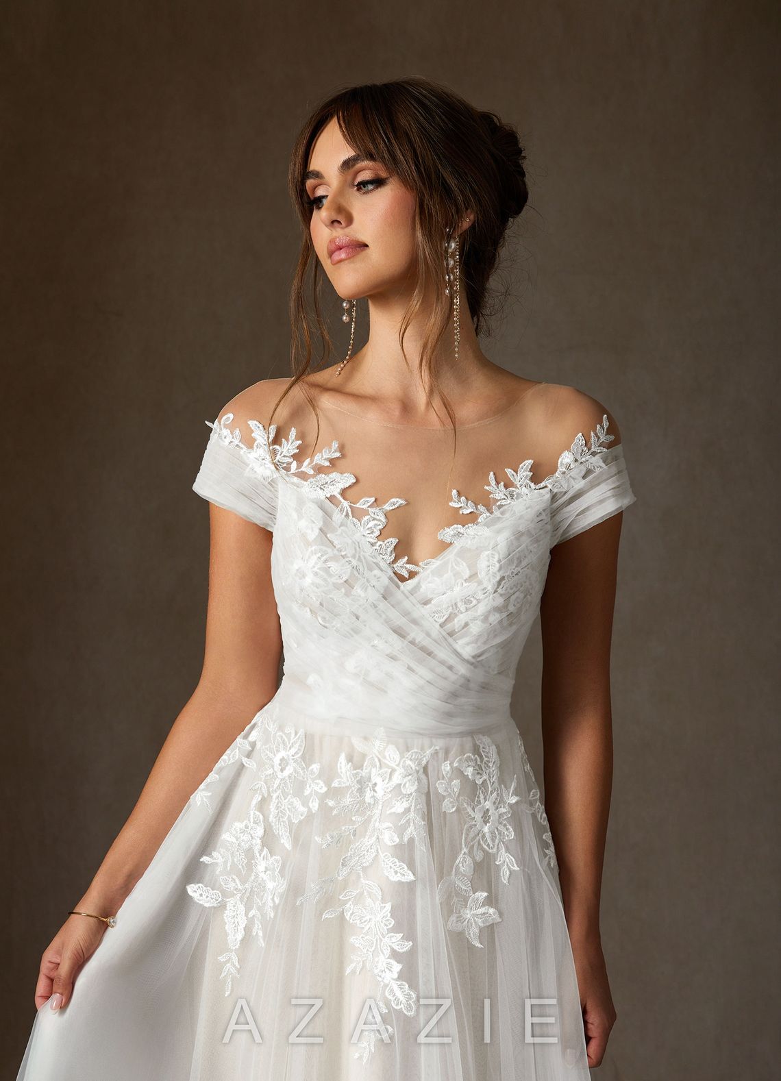 Azazie Cindy Wedding Dress Diamond White Champagne A-Line Illusion Off-The-Shouler Lace Tulle Dress diamond_white/champagne