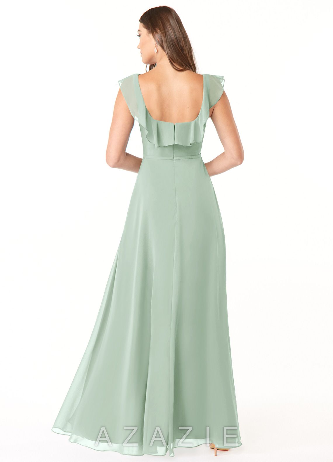 Azazie Jinny Agave A-Line Square Neckline Ruched Chiffon Dress agave