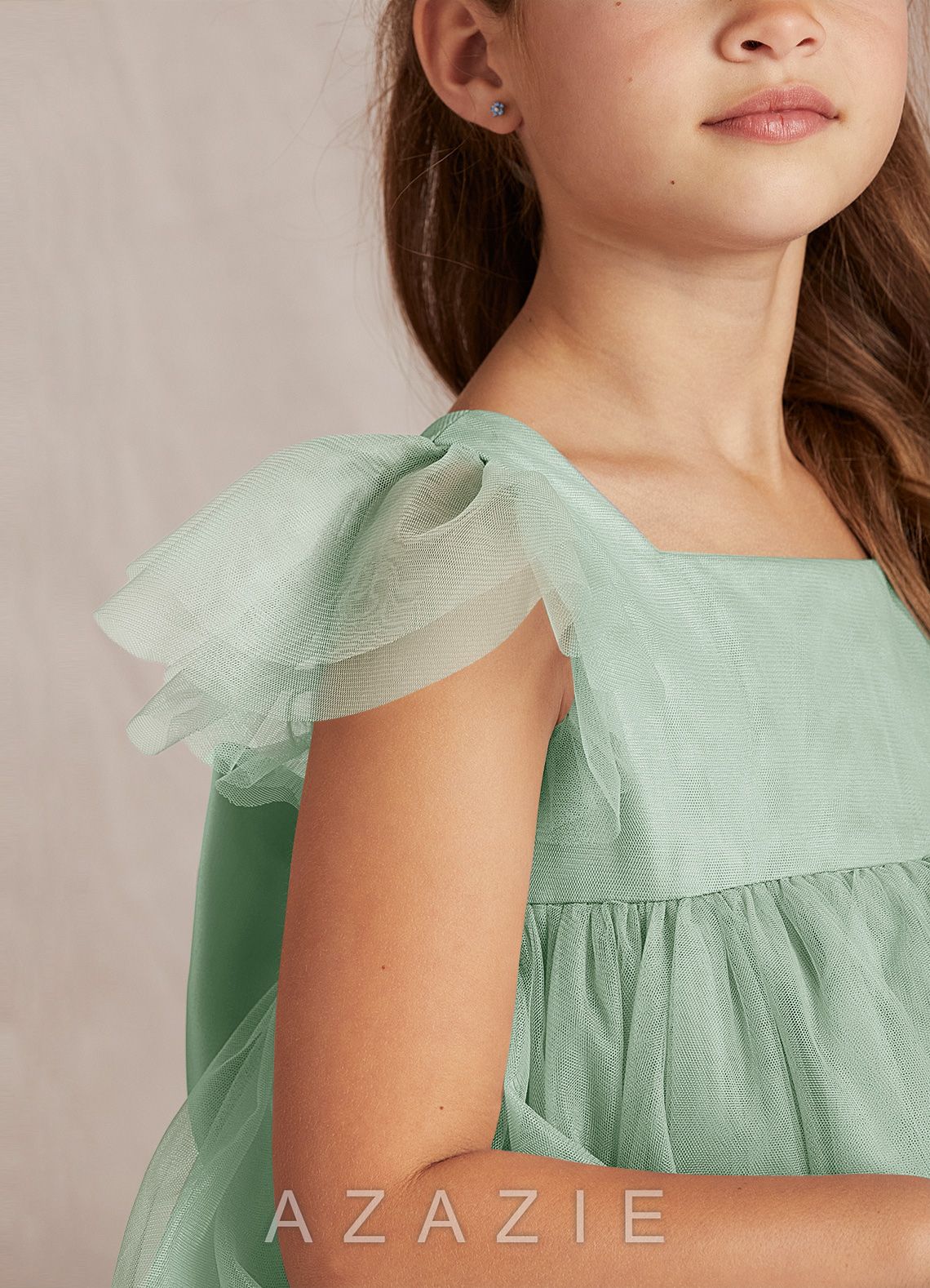 Azazie Kalio Agave A-Line with Sleeves Tulle Dress agave
