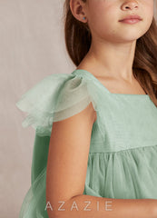 Azazie Kalio Agave A-Line with Sleeves Tulle Dress agave