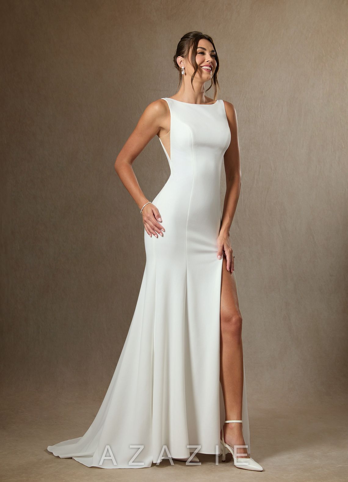 Azazie Raven Diamond White Sand Mermaid Side Slit Tulle Dress diamond_white/sand