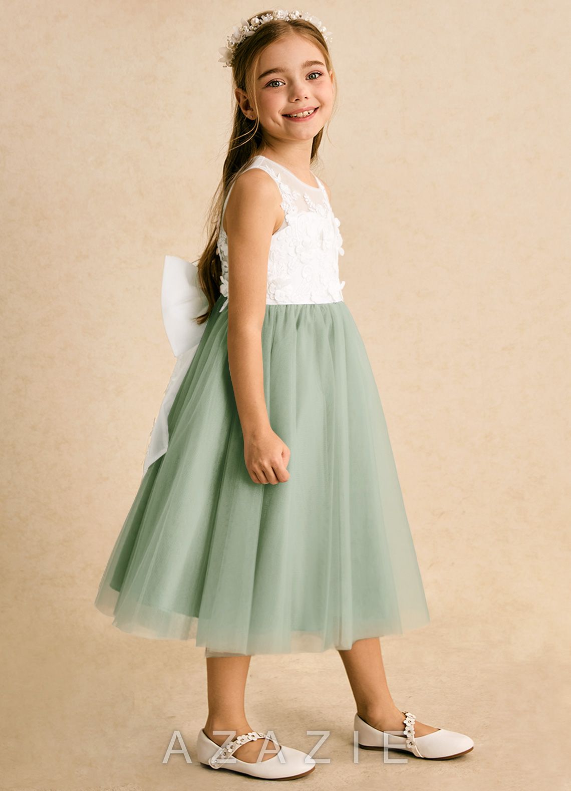 Azazie Lina Ivory Dusty Sage Ball-Gown Lace Dress ivory/dusty_sage