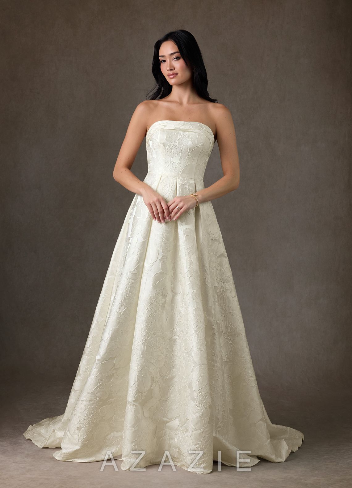 Azazie Desiree Antique White Ball-Gown Strapless Floral Jacquard Dress