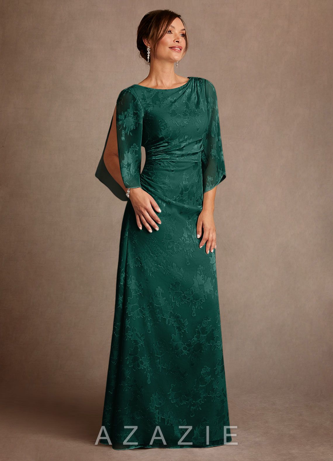 Azazie Anaheim Pine Sheath Pleated Floral Burnout Dress pine