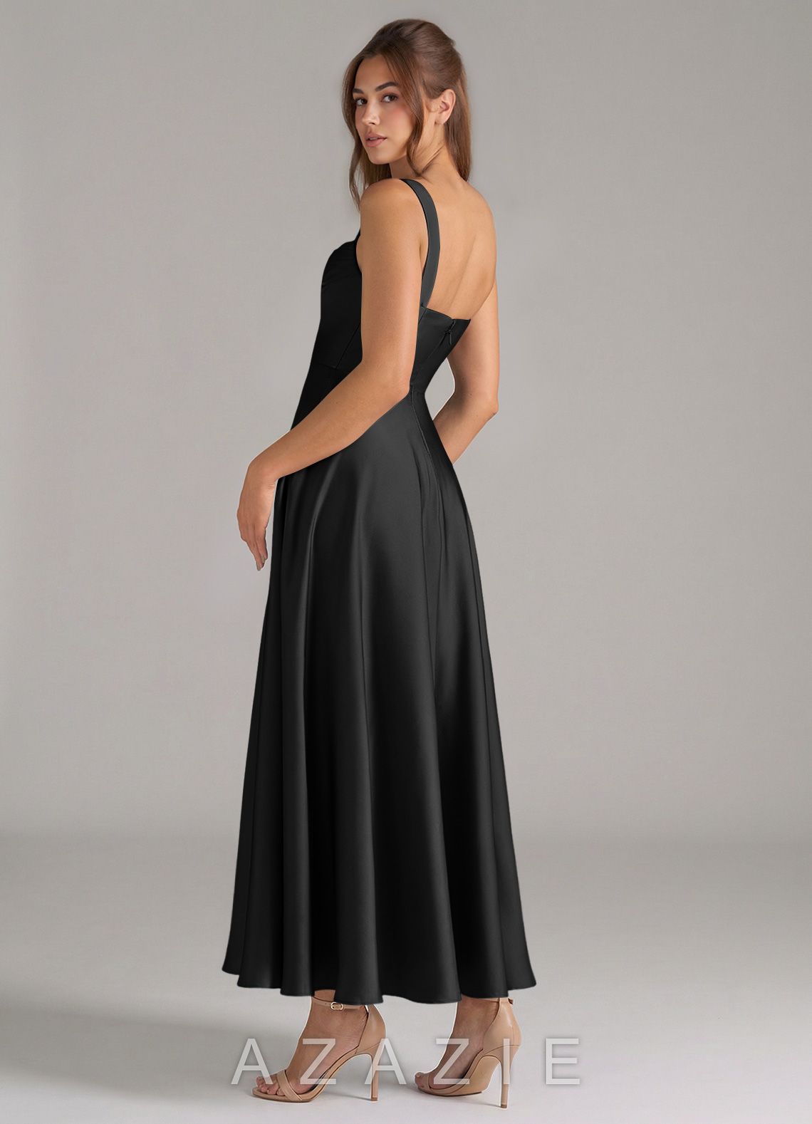 Azazie Shaude Black A-Line Pleated Stretch Satin Dress black