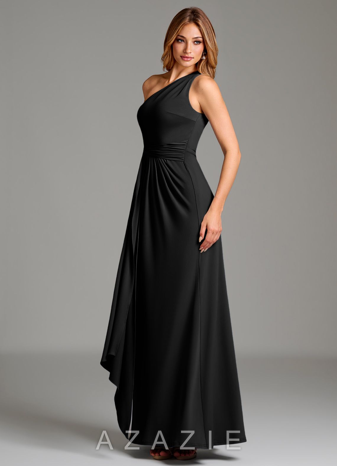 Azazie Taina Black A-Line One Shoulder Premium Stretch Jersey Dress black