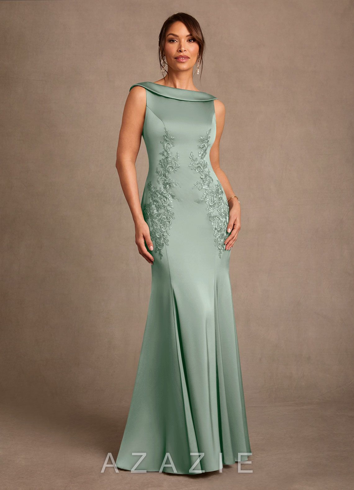 Azazie Franny Agave Sheath Lace Stretch Satin Dress