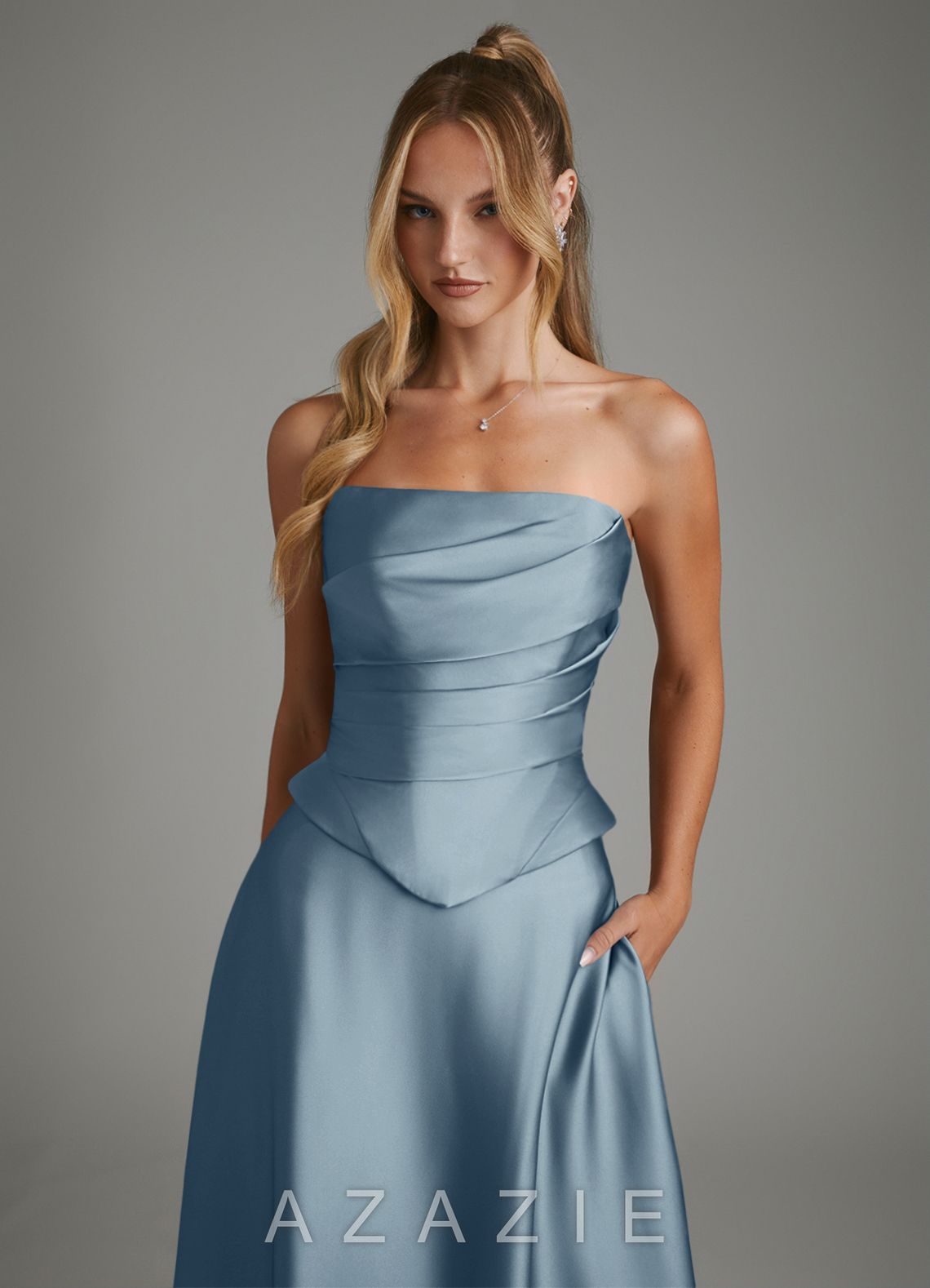 Azazie Amina Dusty Blue A-Line Corset Stretch Satin Dress dusty_blue