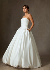 Azazie Shae Diamond White Ball-Gown Strapless Stretch Satin Dress