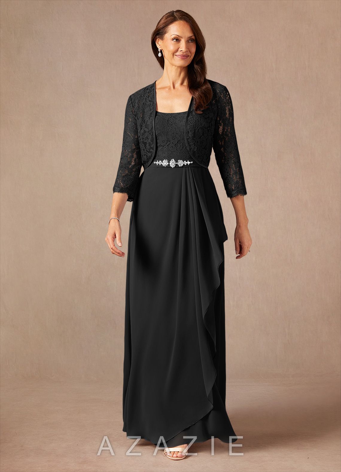 Azazie Ainsling Black A-Line Square Neckline Lace Chiffon Dress black
