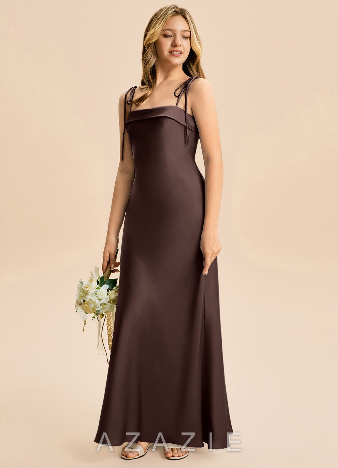 Azazie Willa Junior Ganache Mermaid Bow Stretch Satin Dress ganache